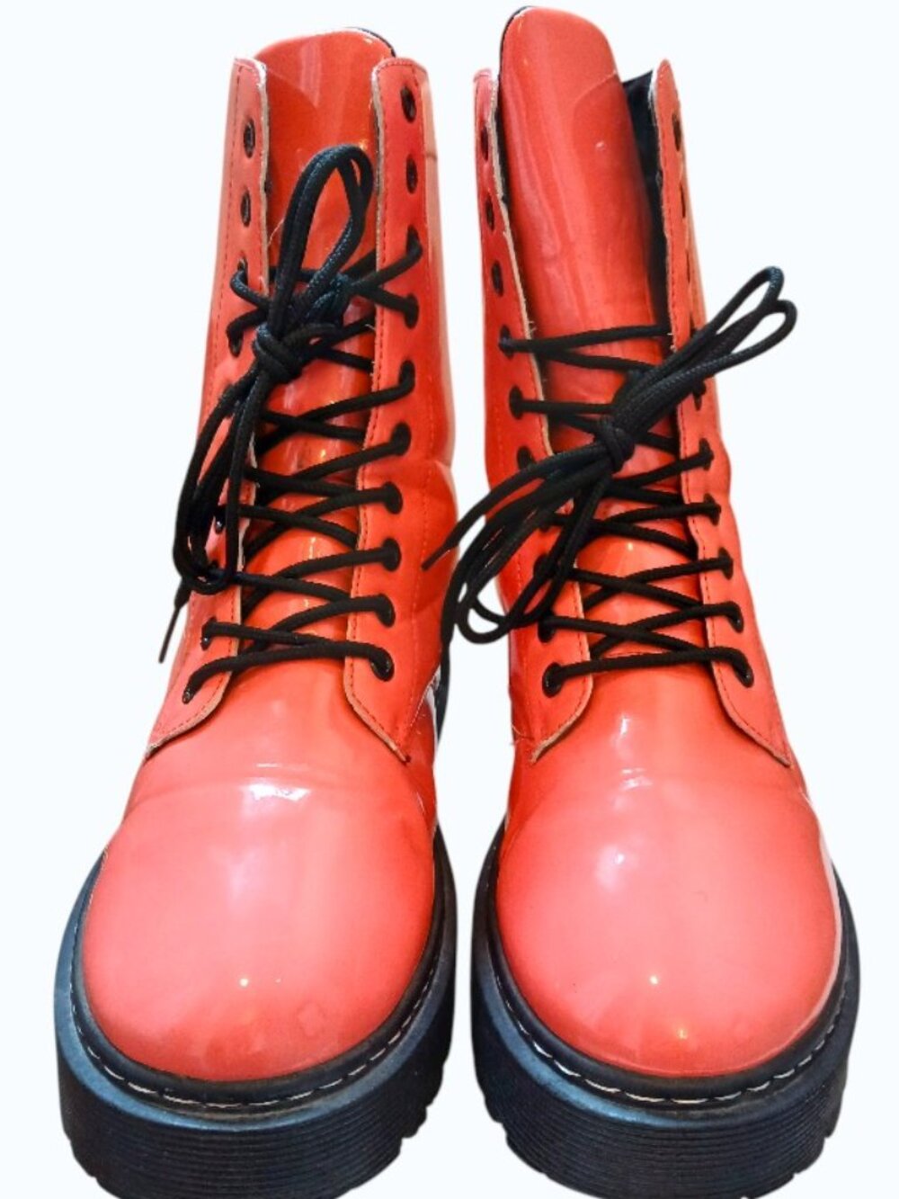 UNILADY Orange Patent Leather Combat Boots with Lug Sole